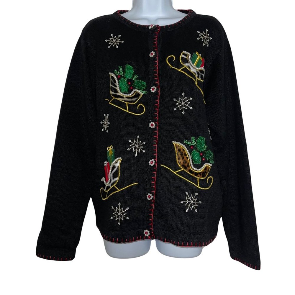 B.P. Design Vintage 1990's Black Embellished Ugly Christmas Cardigan Sweater M